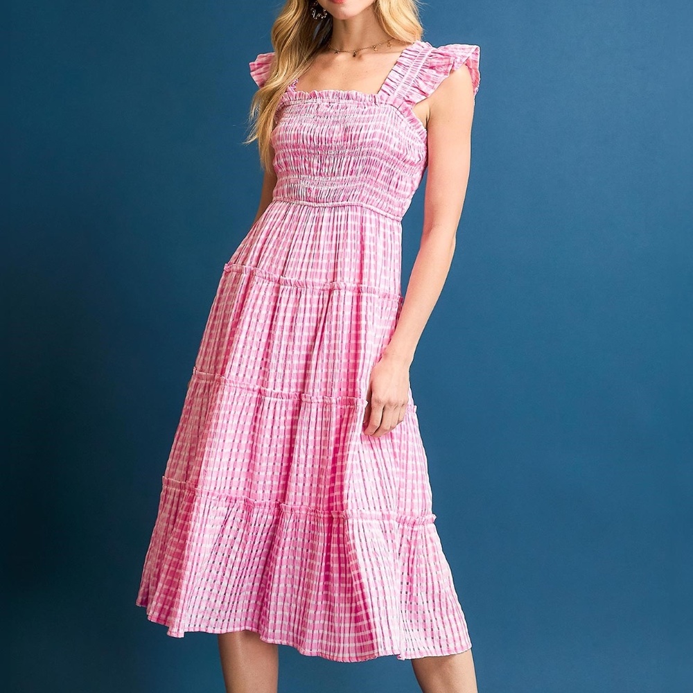 NWT Checkered Seersucker Smocked A-Line Dress with Ruffle Tiered Details & Ruffl